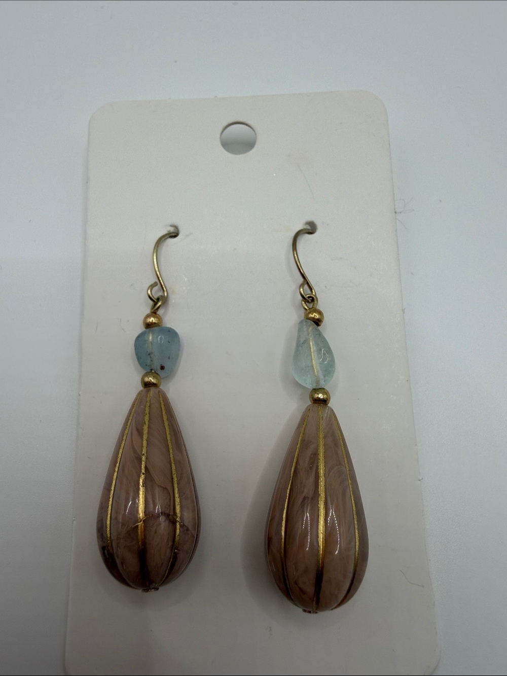 Taupe Teardrop Dangle Earrings with Aqua Bead Accents